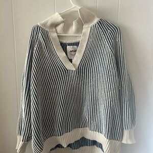 Aerie V-Neck Sweater Blue and Cream Striped